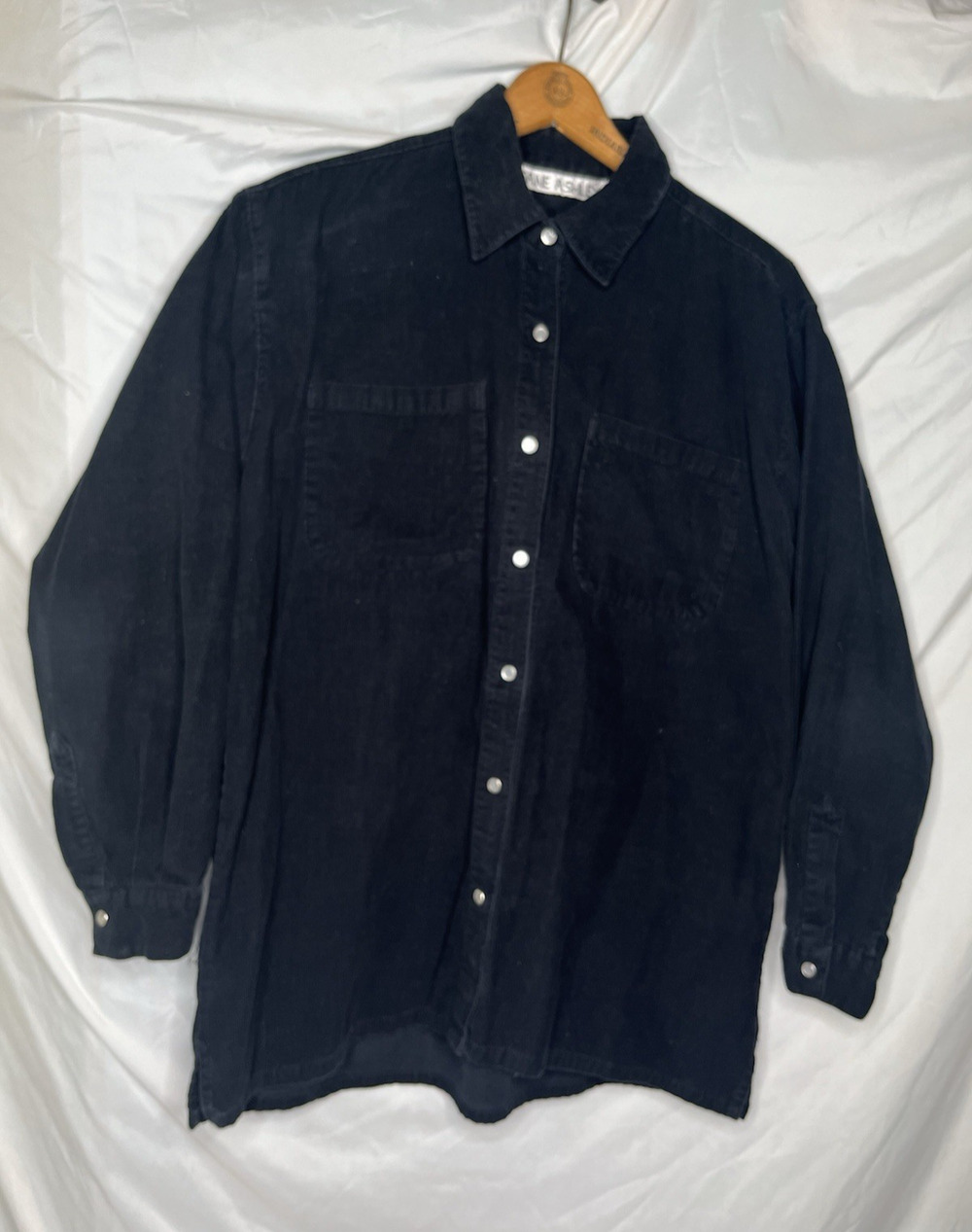 Jane Ashley Black Corduroy Pearl Snap Button Long Sleeve Shirt Sz Large Vintage